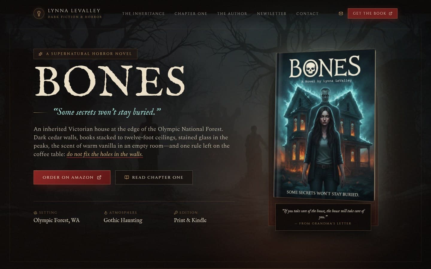 The Bones homepage: the title in weathered serif type beside the book cover, over a foggy forest at night.
